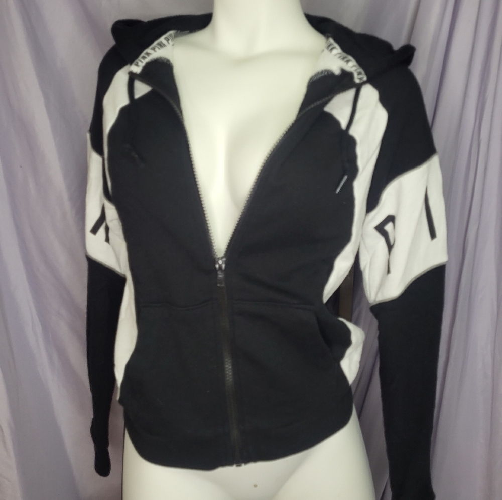 PINK Victorias Secret Black and White Zip-Up Hoodie